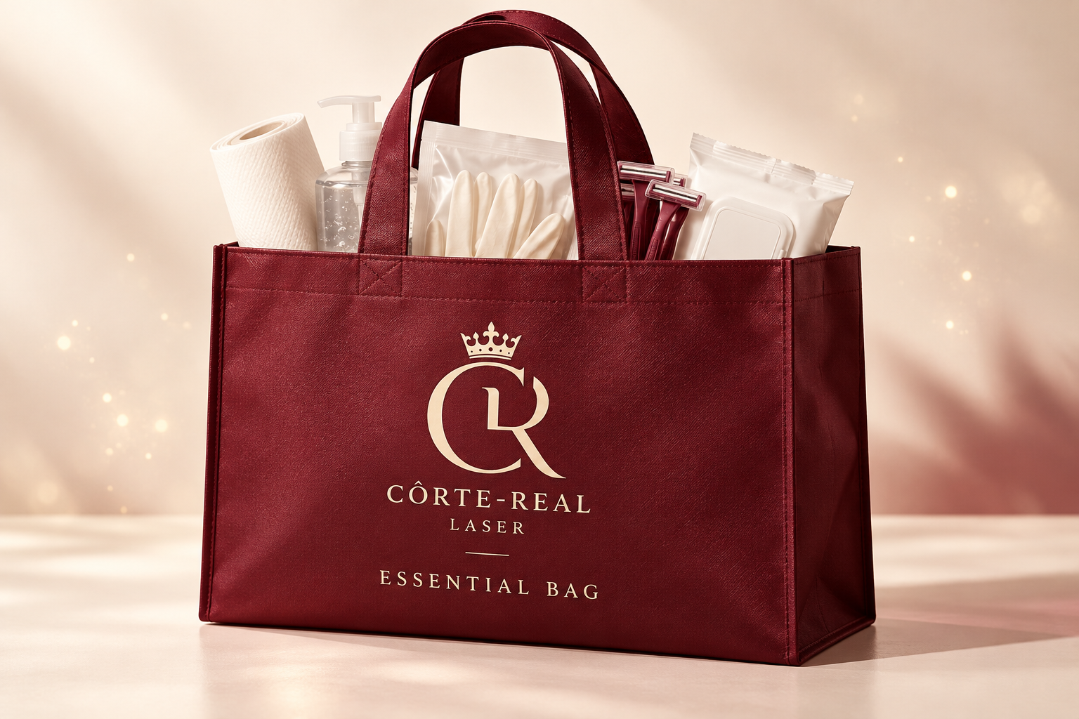 Conceito visual da Essential Bag Côrte-Real em bordô com consumíveis profissionais